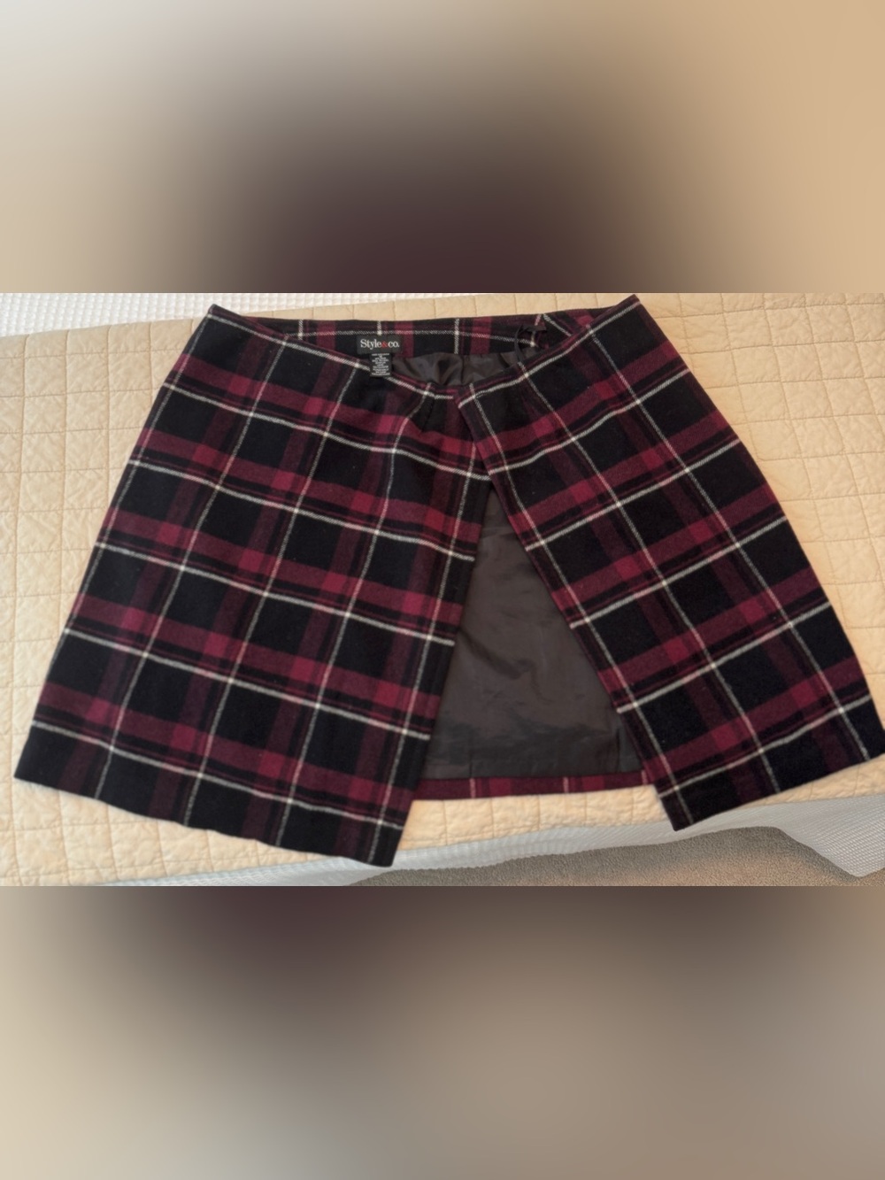 Style & Co. Black and Burgundy Plaid Wrap Skirt